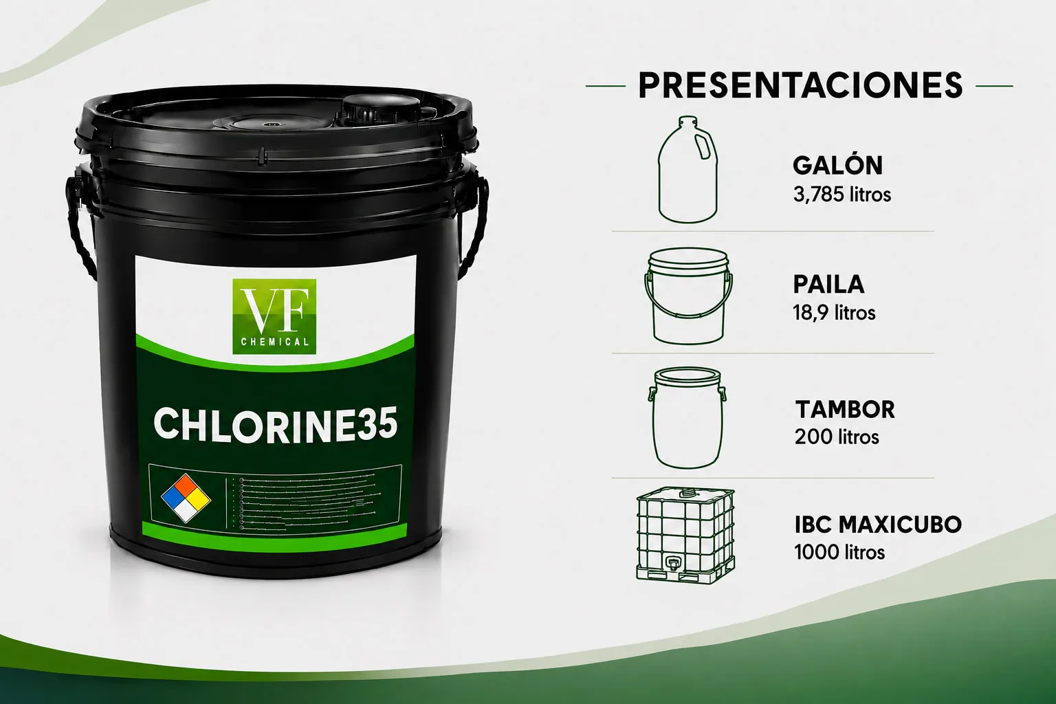 Envase de CHLORINE35, desinfectante de VF Chemical